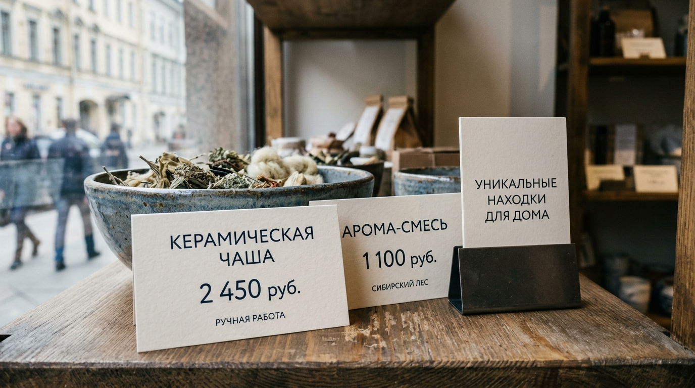 Аккуратные ценники и POS-таблички в витрине магазина