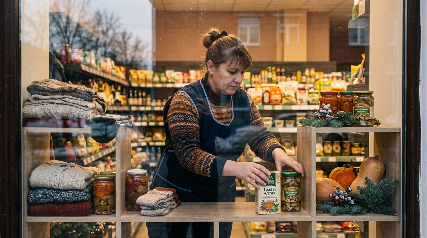 Сотрудник магазина меняет экспозицию в витрине