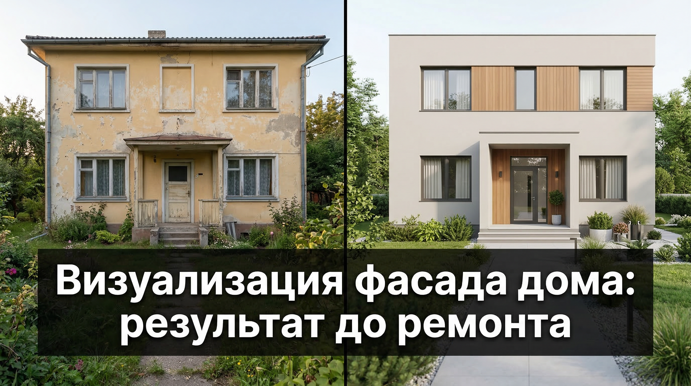 Визуализация фасада дома до и после ремонта — сравнение старого и обновлённого фасада