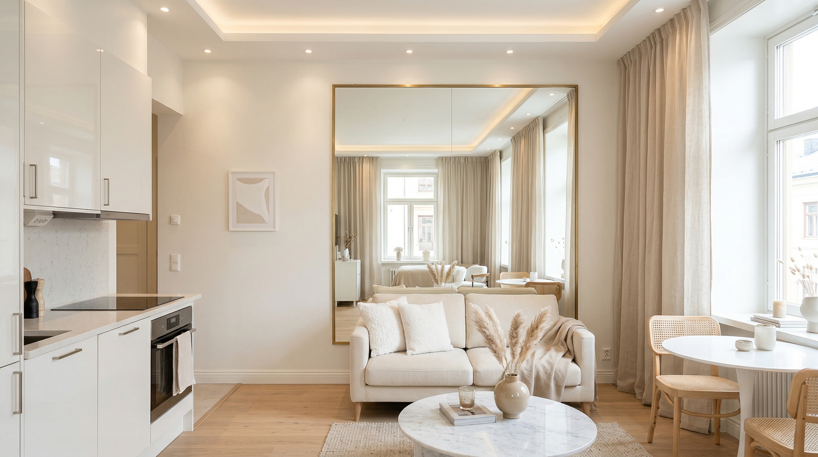 Визуальное увеличение маленькой комнаты — большое зеркало, светлая палитра, точечные светильники