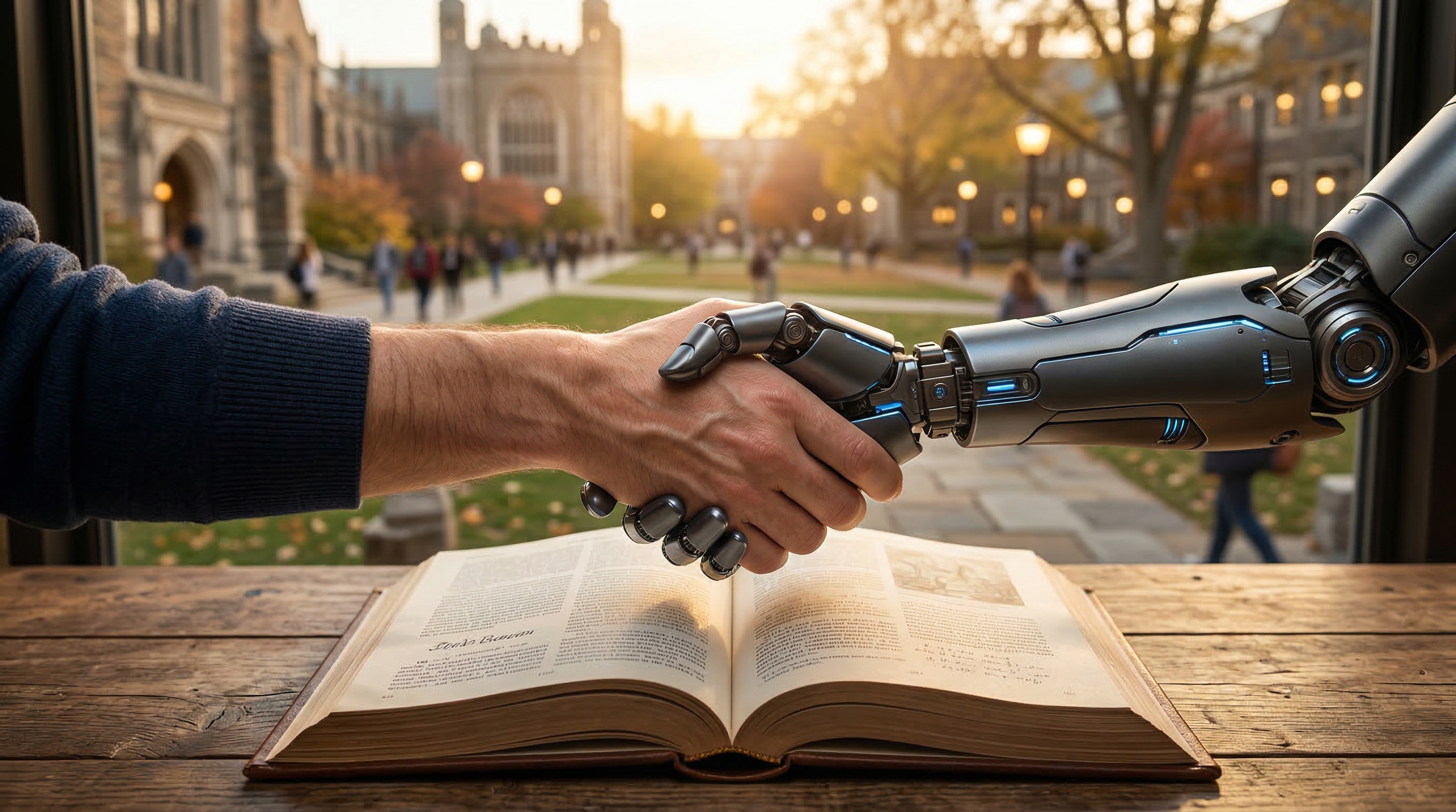 Сотрудничество человека и ИИ — рукопожатие над книгой на фоне университета