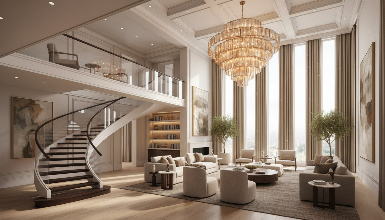 Гостиная с двойным светом, винтовой лестницей и каскадной люстрой в частном доме