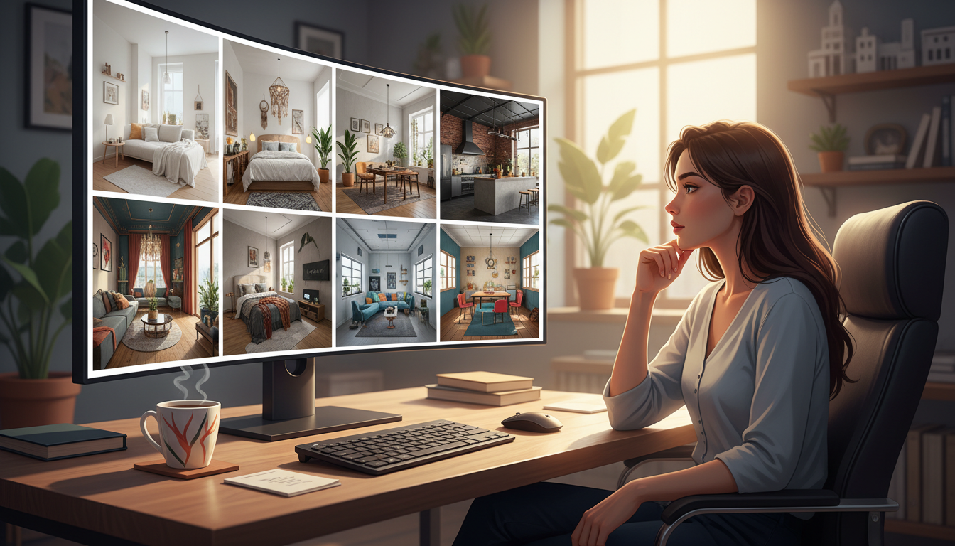 Девушка выбирает варианты дизайна интерьера на мониторе