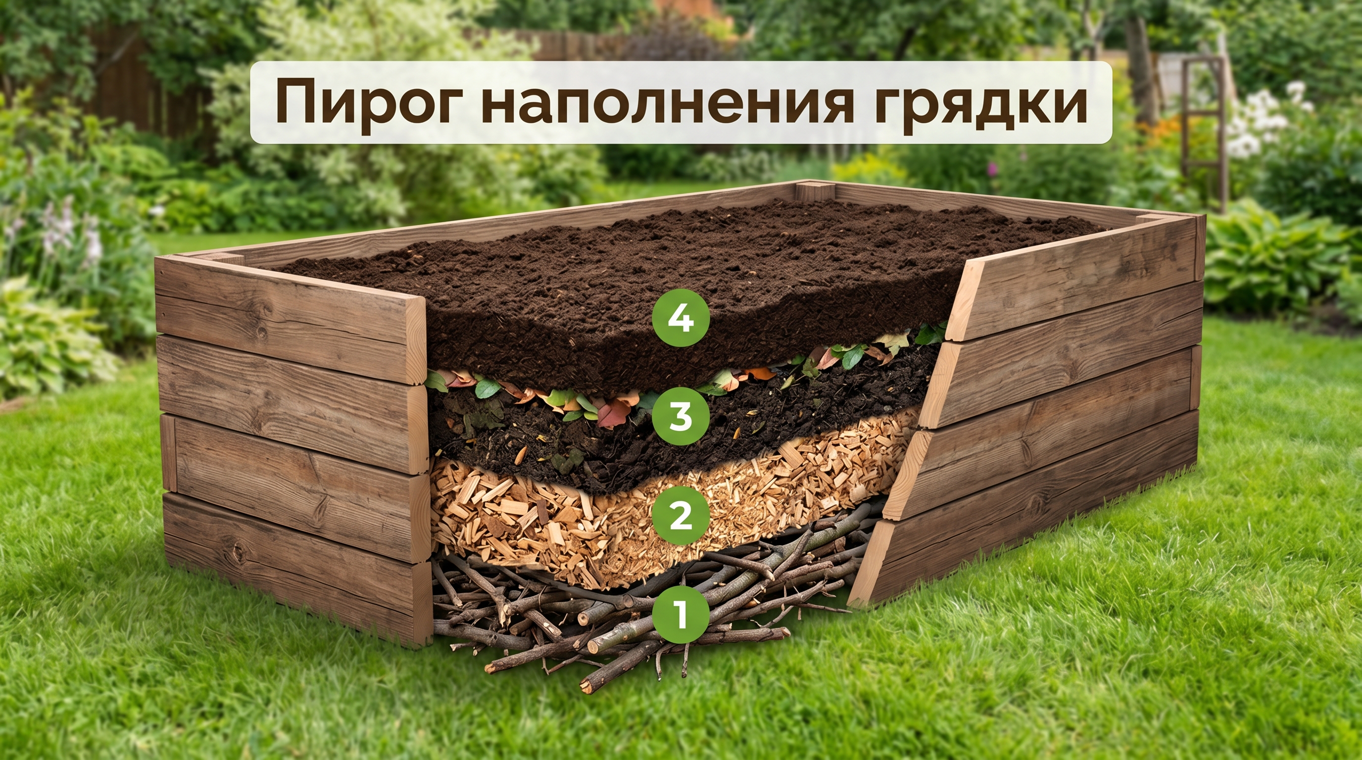 Правильное наполнение высокой грядки слоями — ветки, опилки, компост, земля
