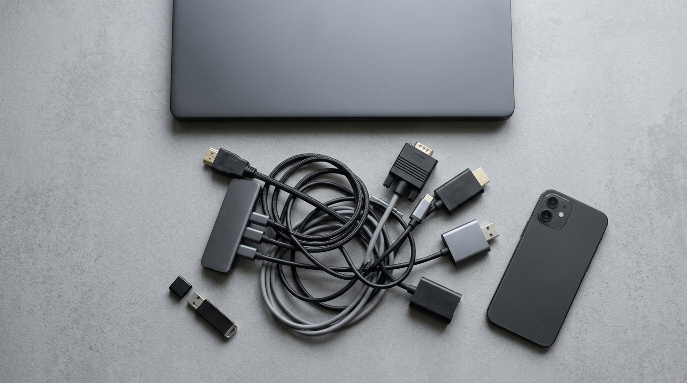Ноутбук, набор переходников HDMI, USB-C и VGA, флешка и телефон на сером столе