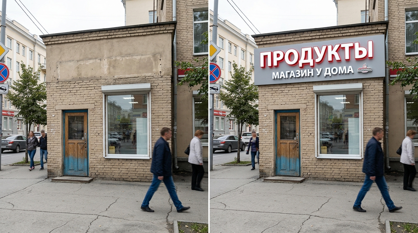 Фасад магазина до и после: добавлены объёмные буквы вывески