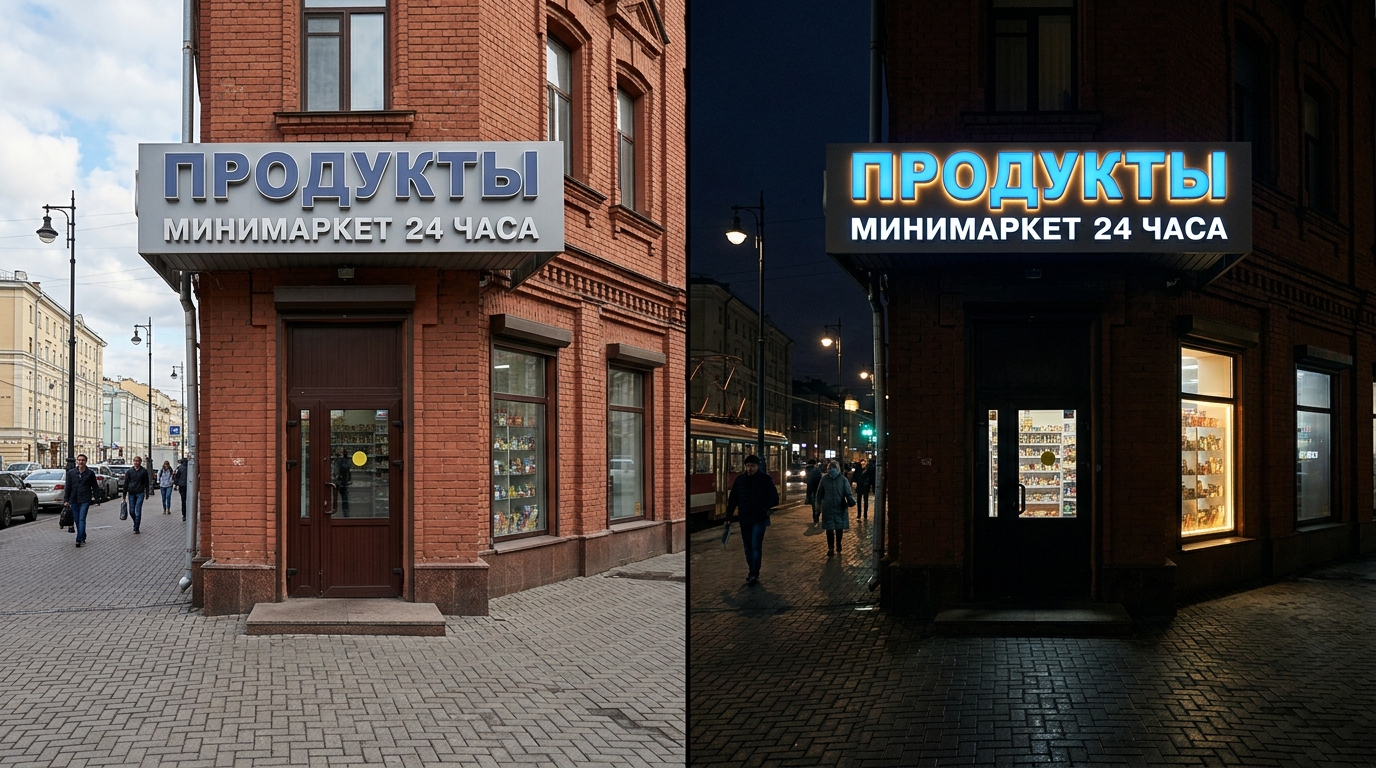 Одна вывеска днём и ночью: дневной вид и ночная подсветка