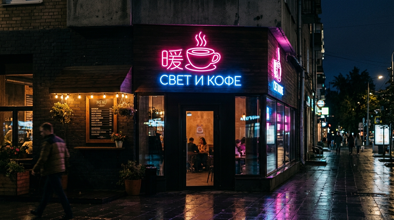 Неоновая вывеска на фасаде кофейни ночью