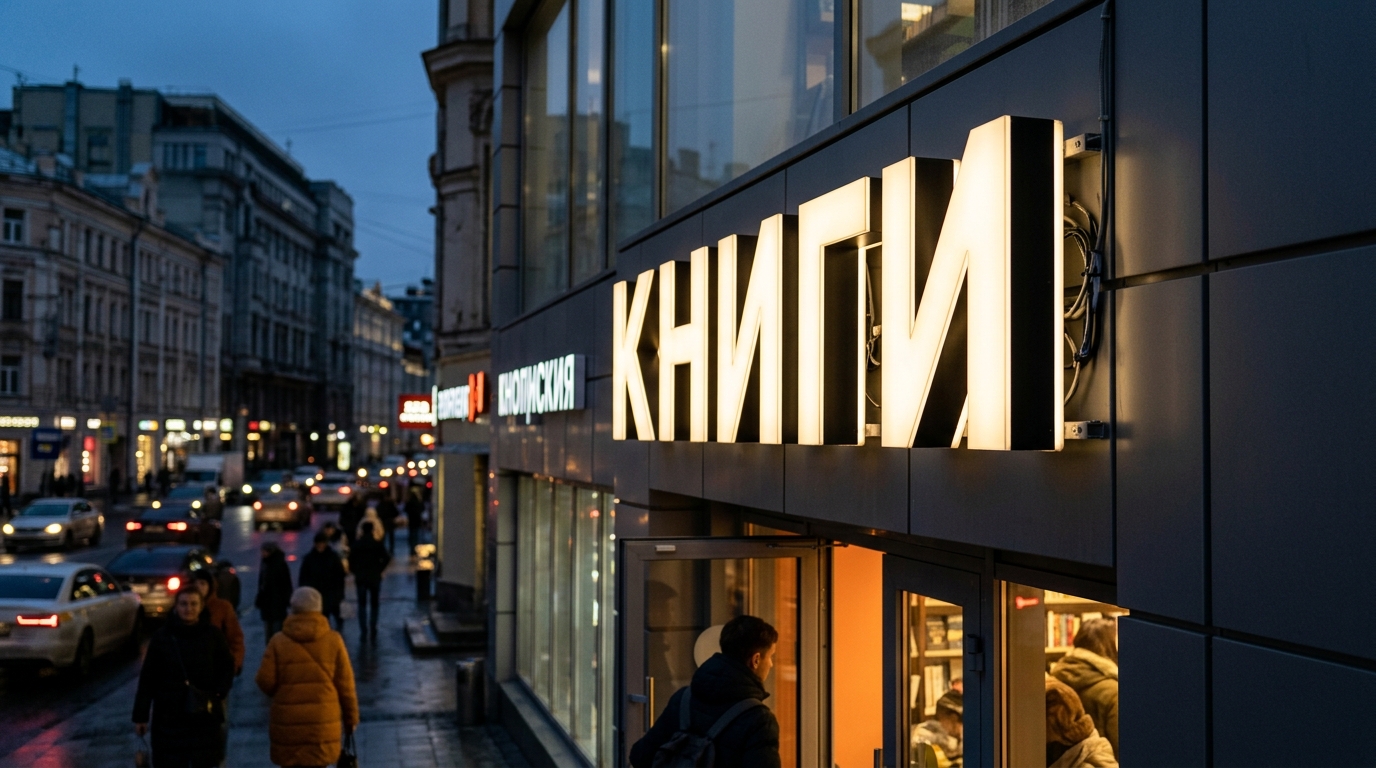 Объёмные световые буквы на фасаде магазина вечером