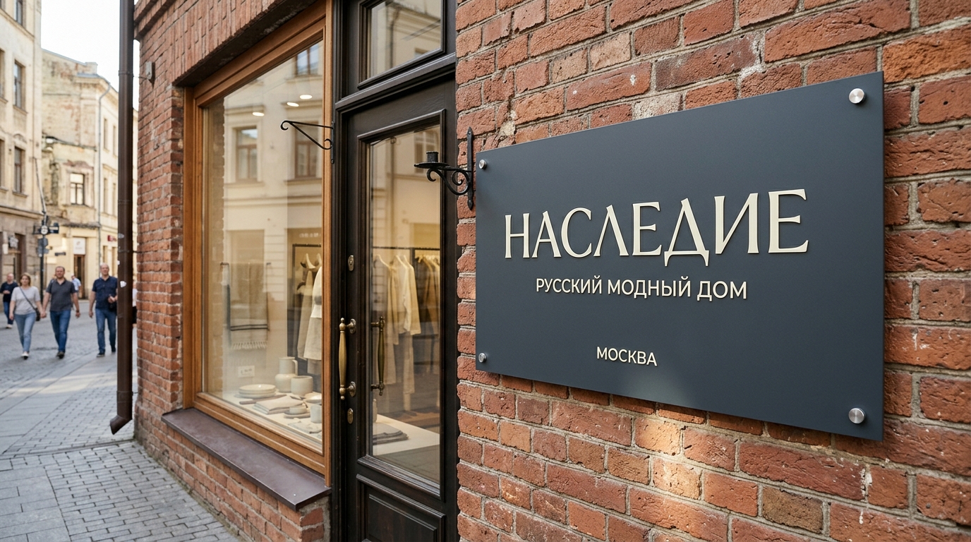 Плоская несветовая вывеска на кирпичном фасаде бутика