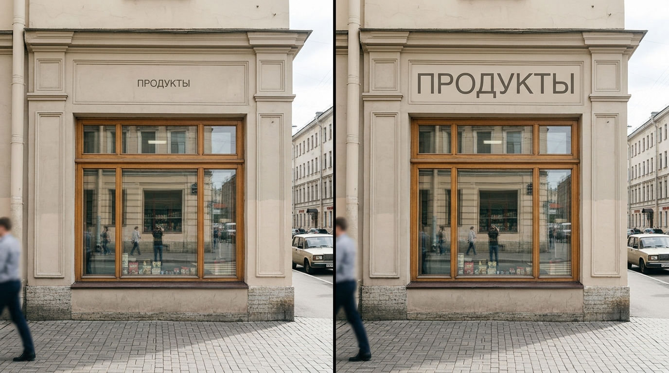 Сравнение размеров вывески на одном фасаде: мелкая и пропорциональная