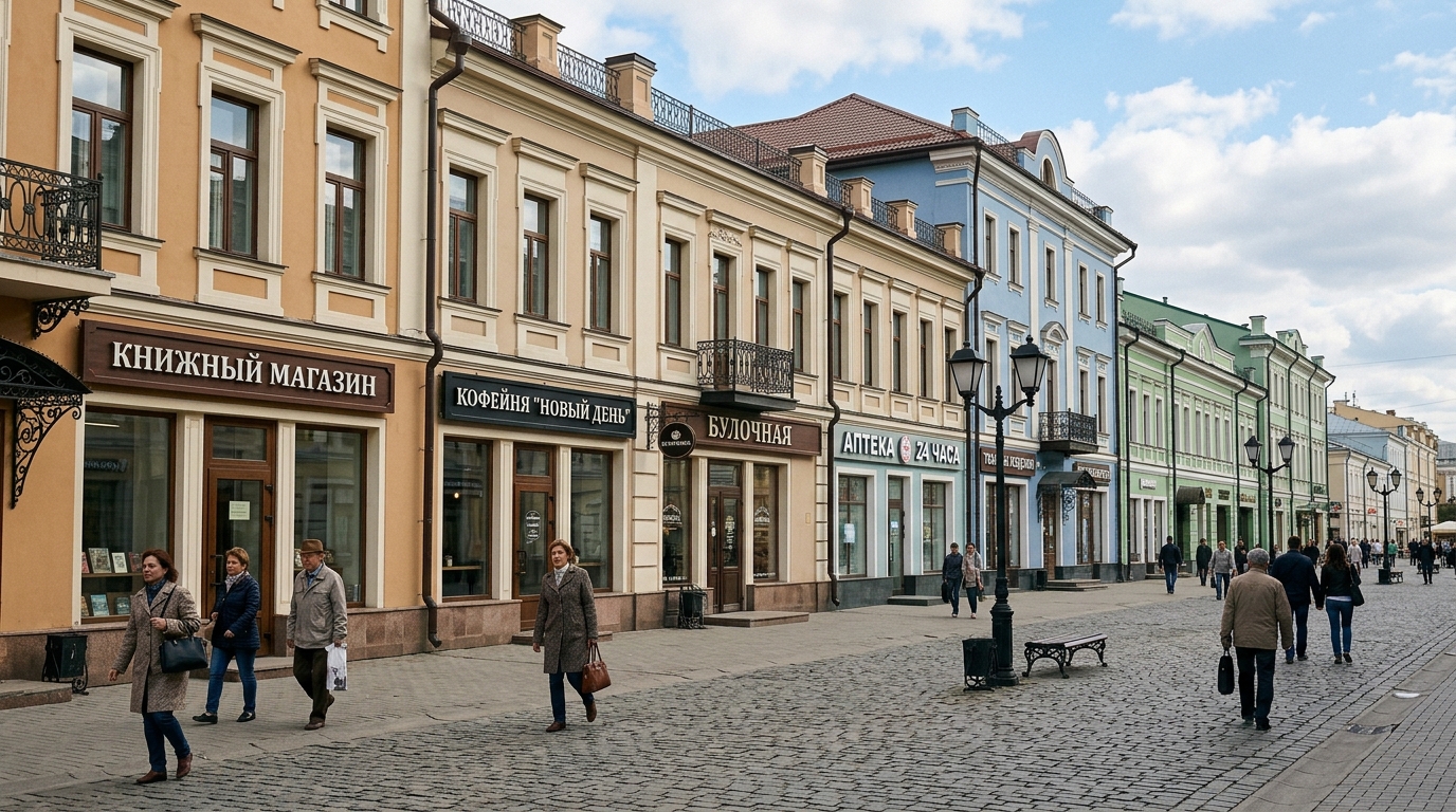 Улица с аккуратными согласованными вывесками по городскому регламенту