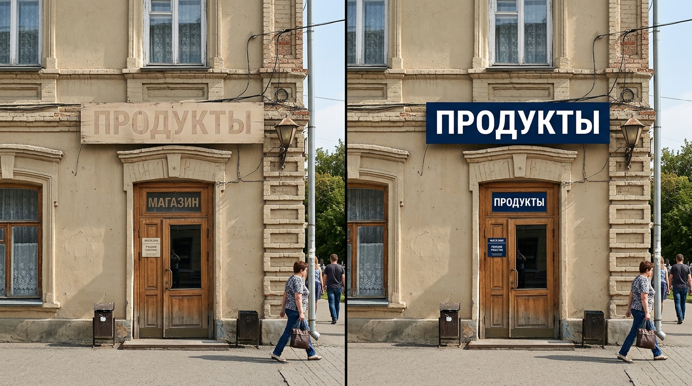 Сравнение контраста вывески с цветом фасада