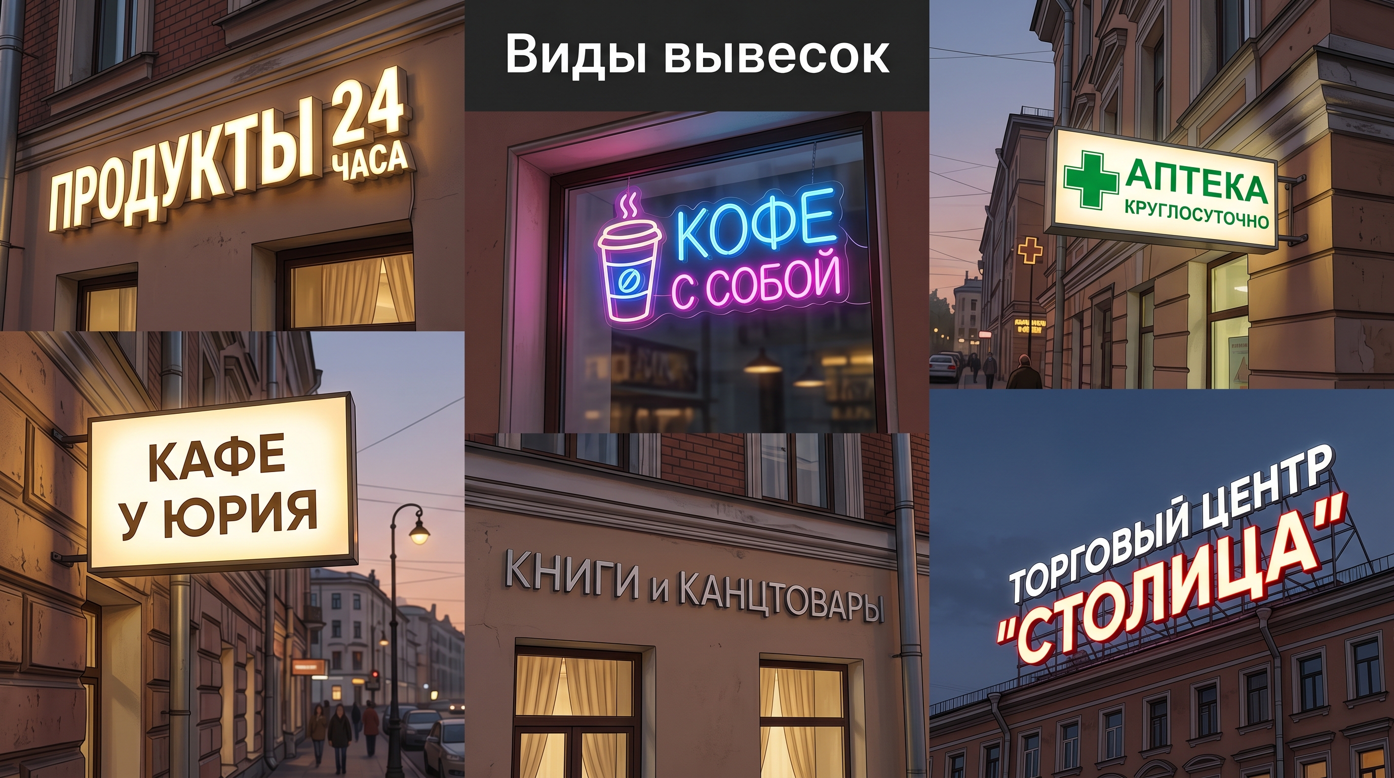 Виды вывесок: объёмные световые буквы, неон, лайтбокс, панель-кронштейн, крышная установка