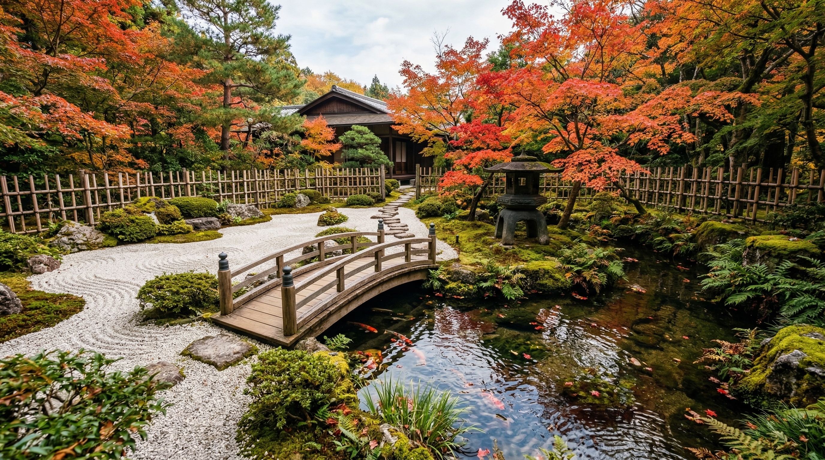 Японский сад с каменным фонарём, прудом и красными клёнами