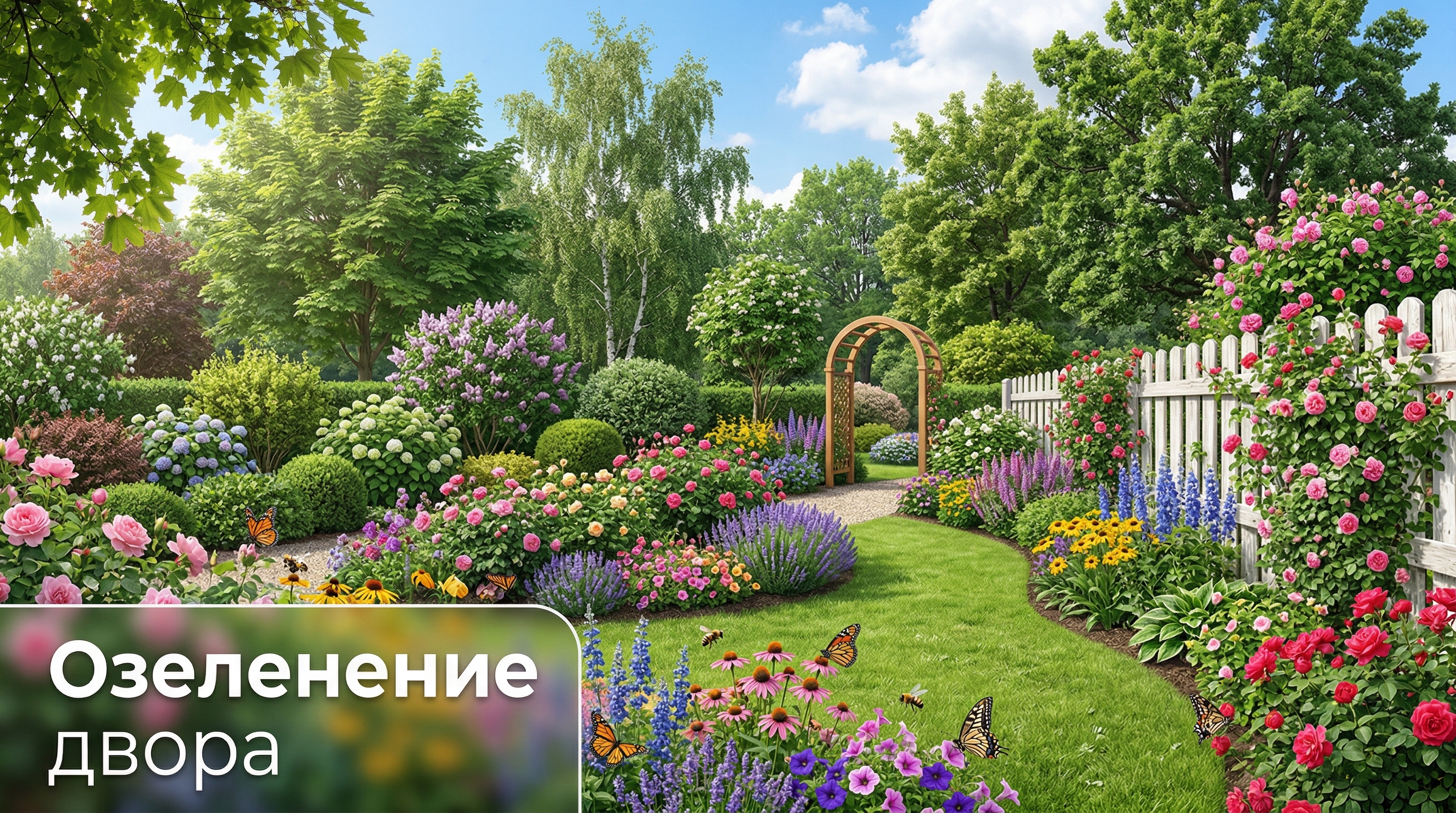Озеленение двора частного дома: многоярусные посадки с цветами и кустарниками