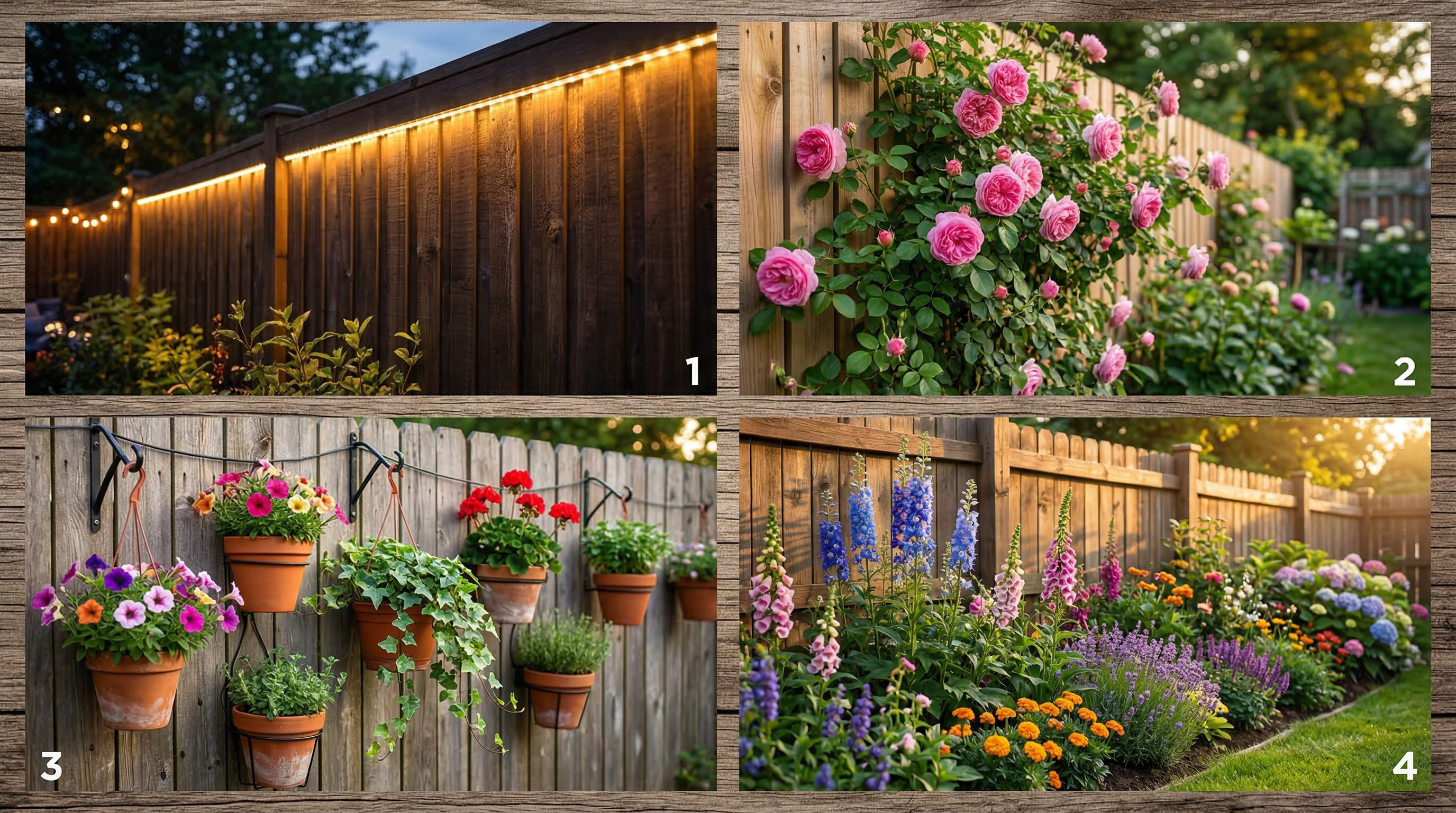 Идеи декорирования забора: подсветка, вьющиеся розы, кашпо с цветами, цветник вдоль ограждения