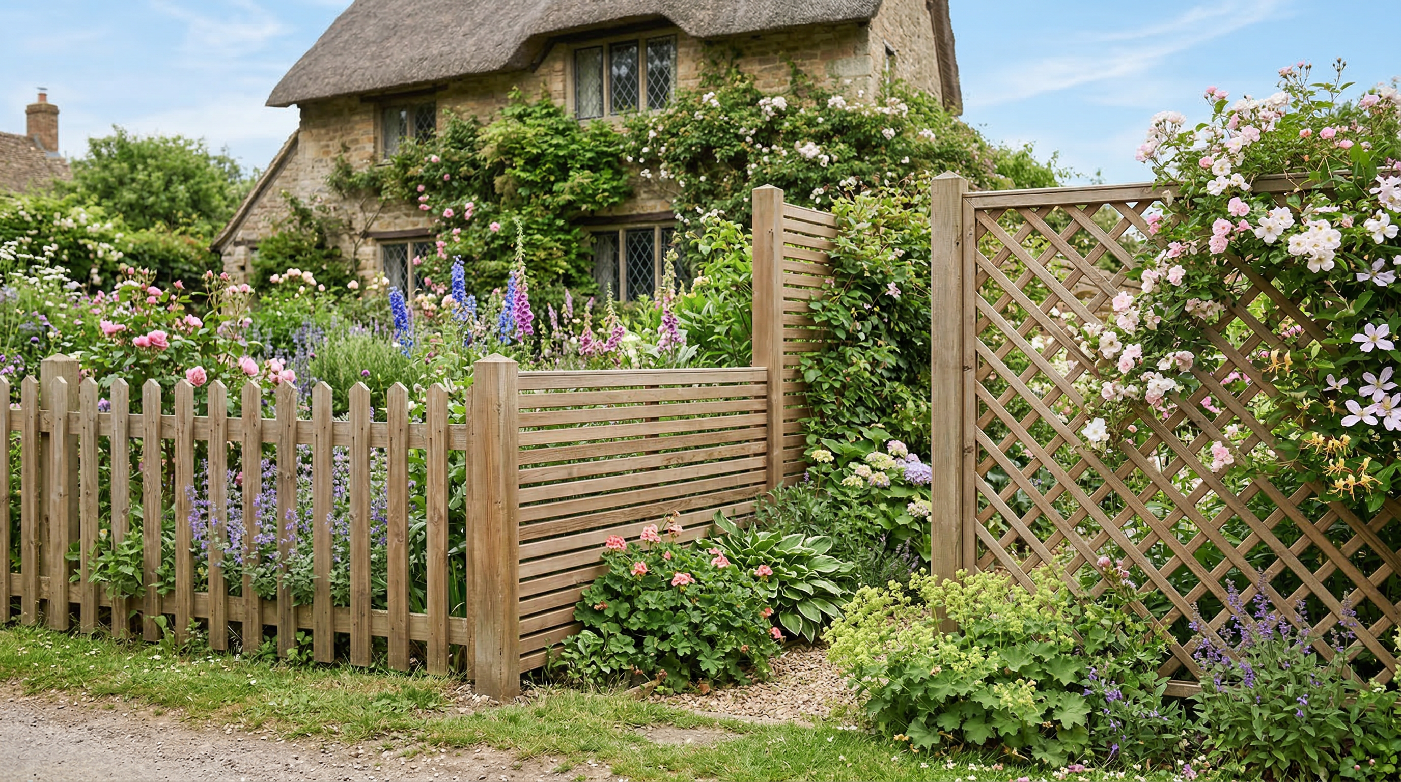 Три стиля деревянных заборов: штакетник, горизонтальные рейки и решётка