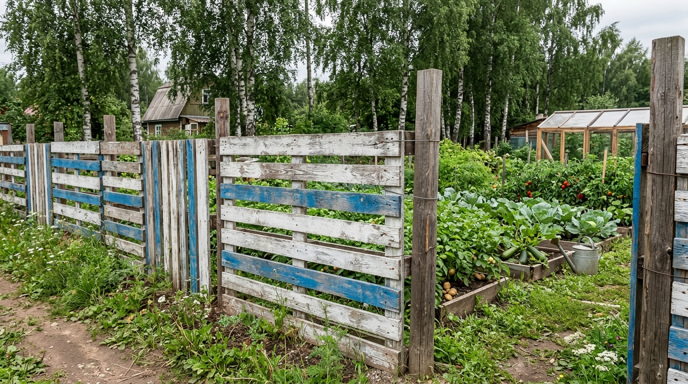Забор из поддонов на даче