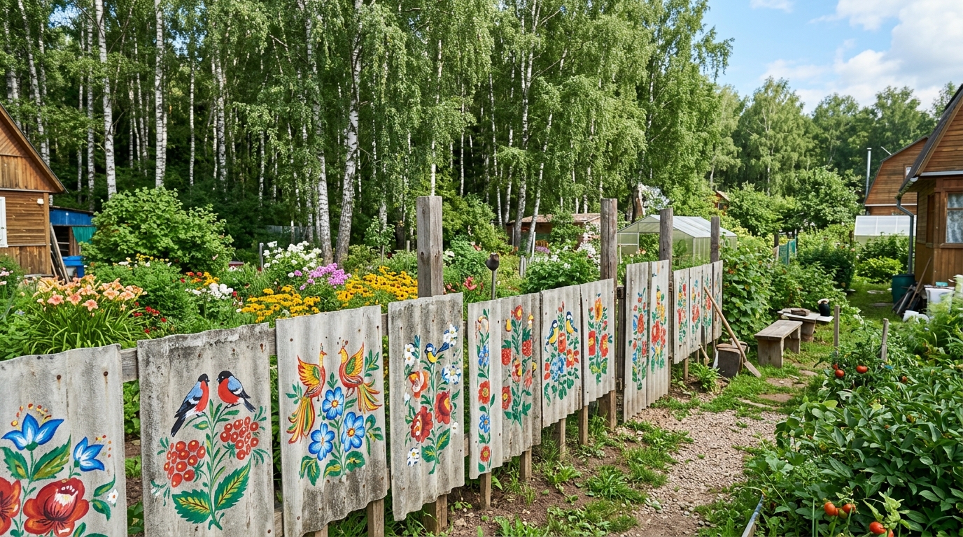 Забор из шифера с росписью