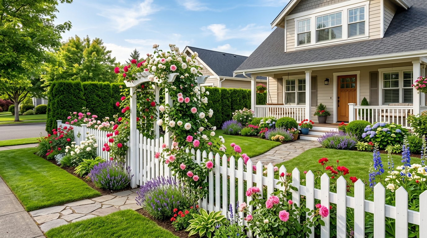 Белый деревянный штакетник с вьющимися розами вокруг палисадника