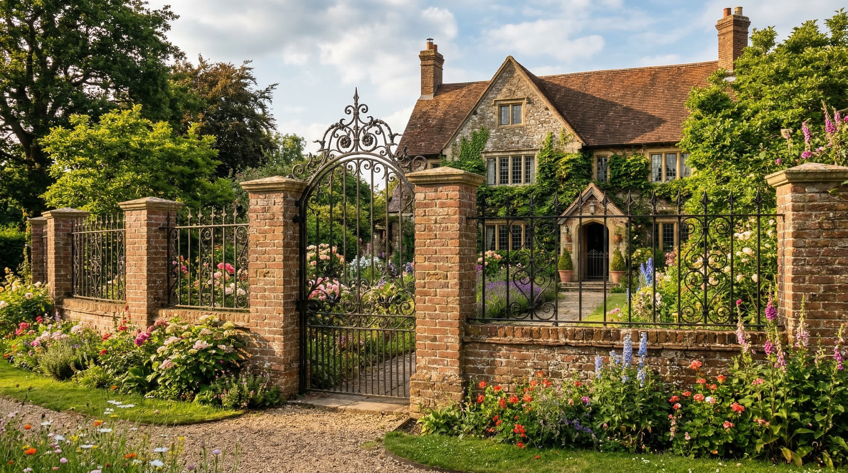 Кирпичный забор с коваными вставками и арочным входом