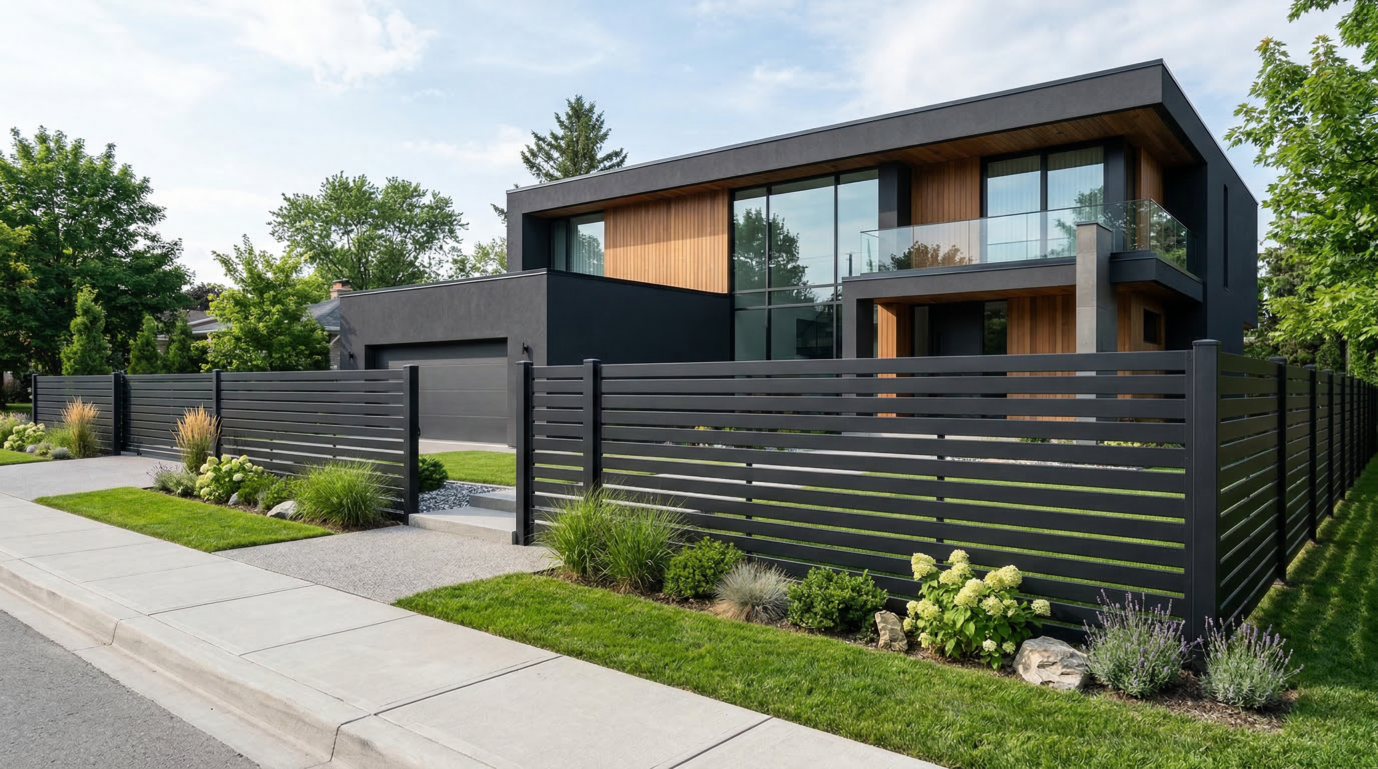 Современный металлический забор с горизонтальными рейками