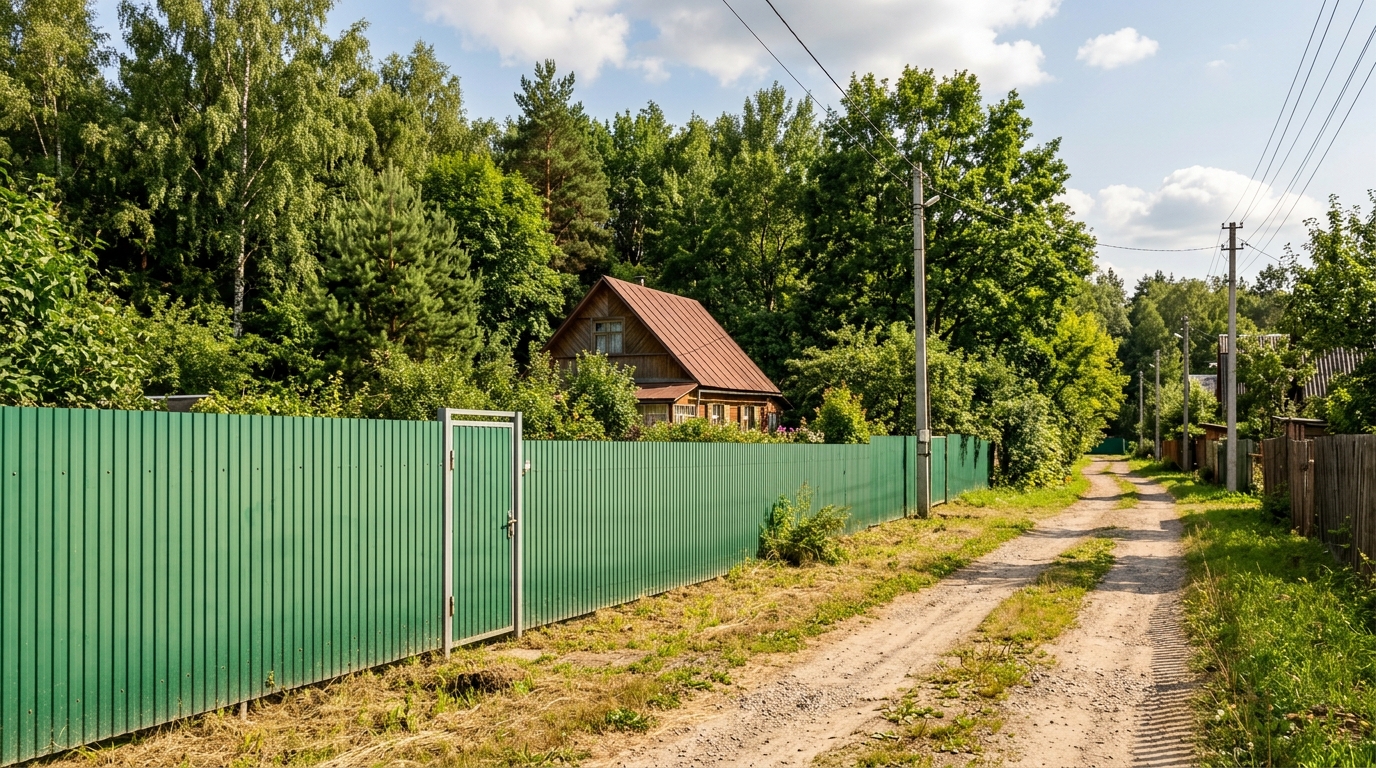 Зелёный забор из профнастила вокруг дачного участка