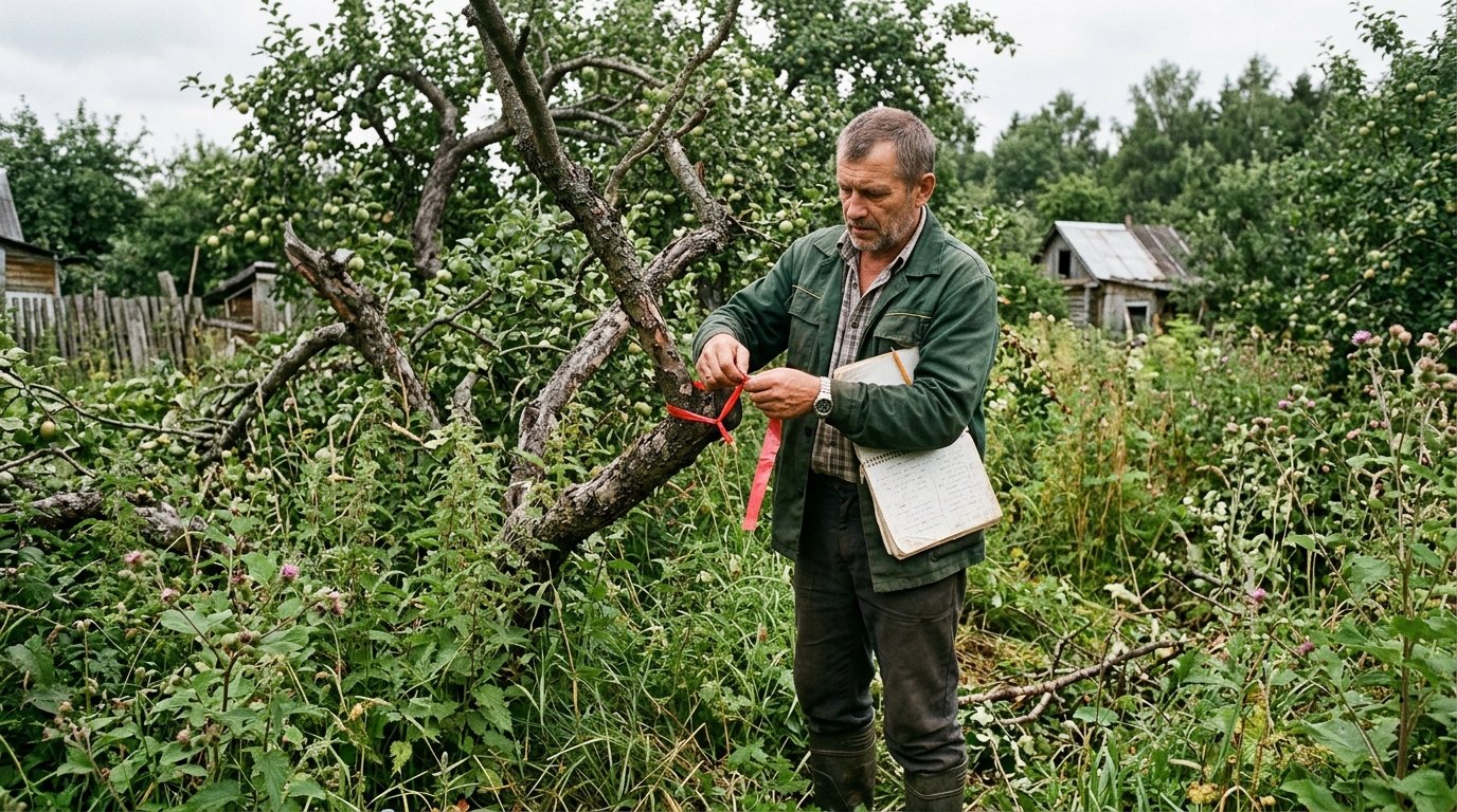Ревизия запущенного сада: осмотр старых деревьев и разметка перед расчисткой