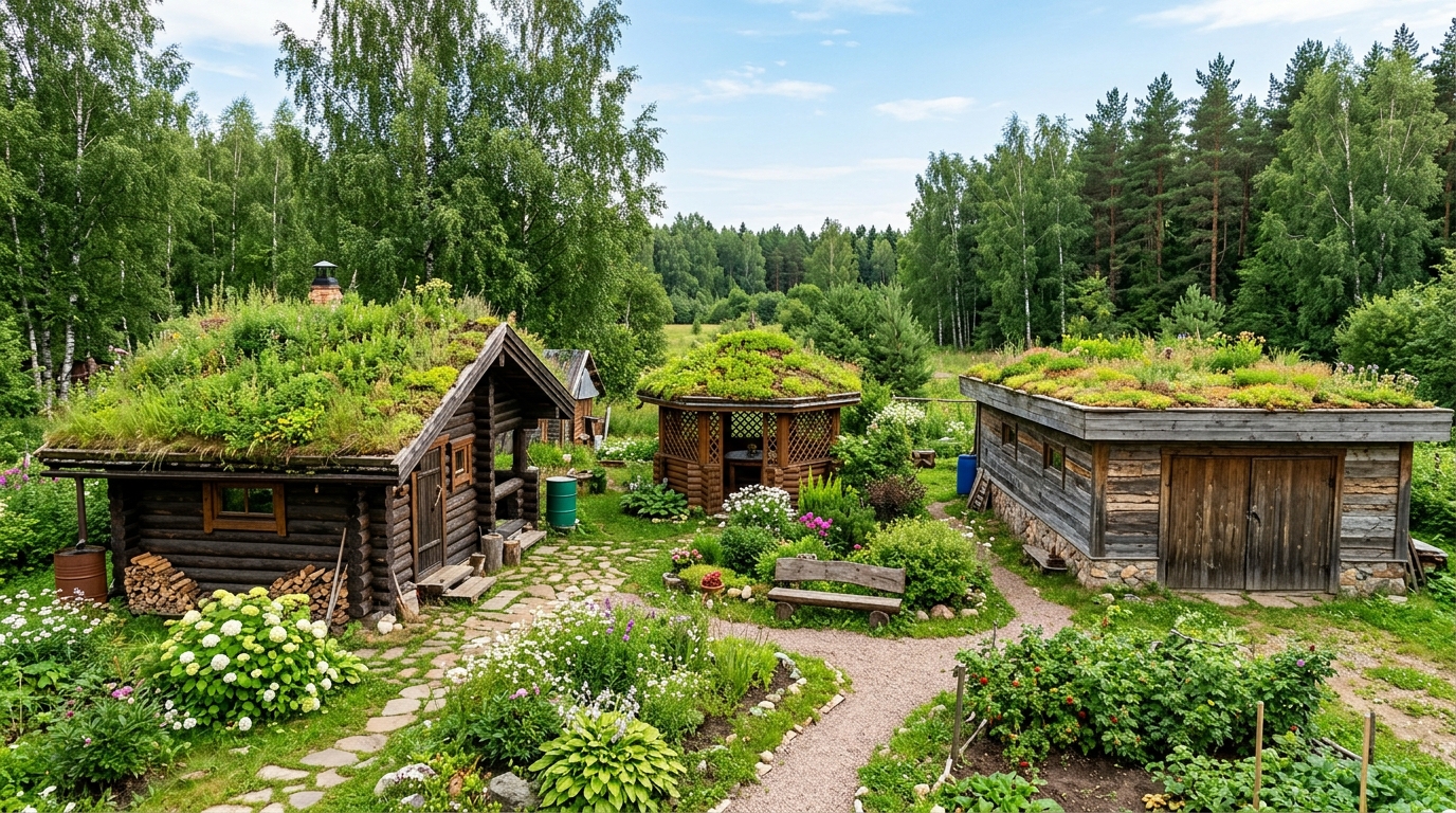 Зелёные кровли на бане, беседке и гараже на дачном участке