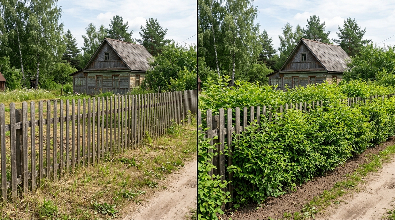 Тот же забор до и после: слева голый штакетник, справа живая изгородь
