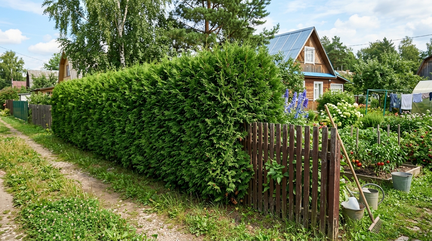 Плотная вечнозелёная изгородь из туи вдоль забора на дачном участке
