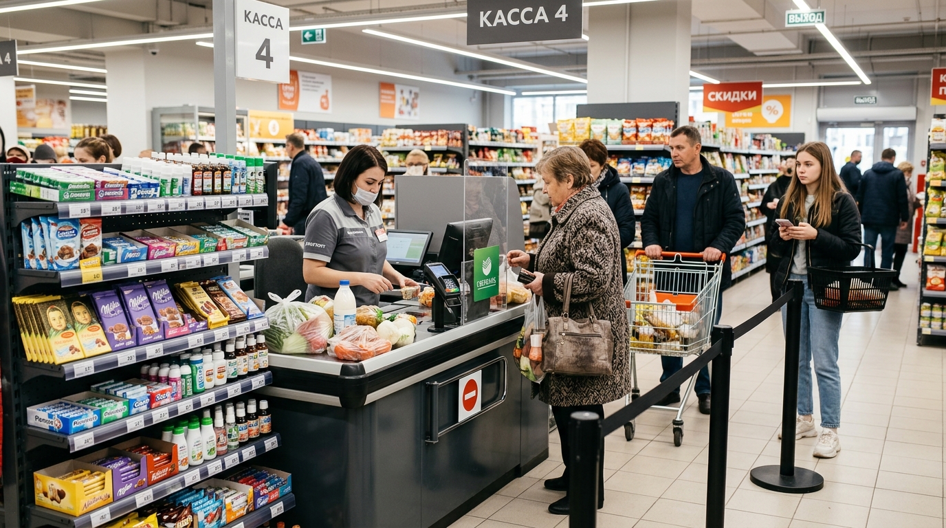 Кассовая зона магазина с импульсной выкладкой у кассы