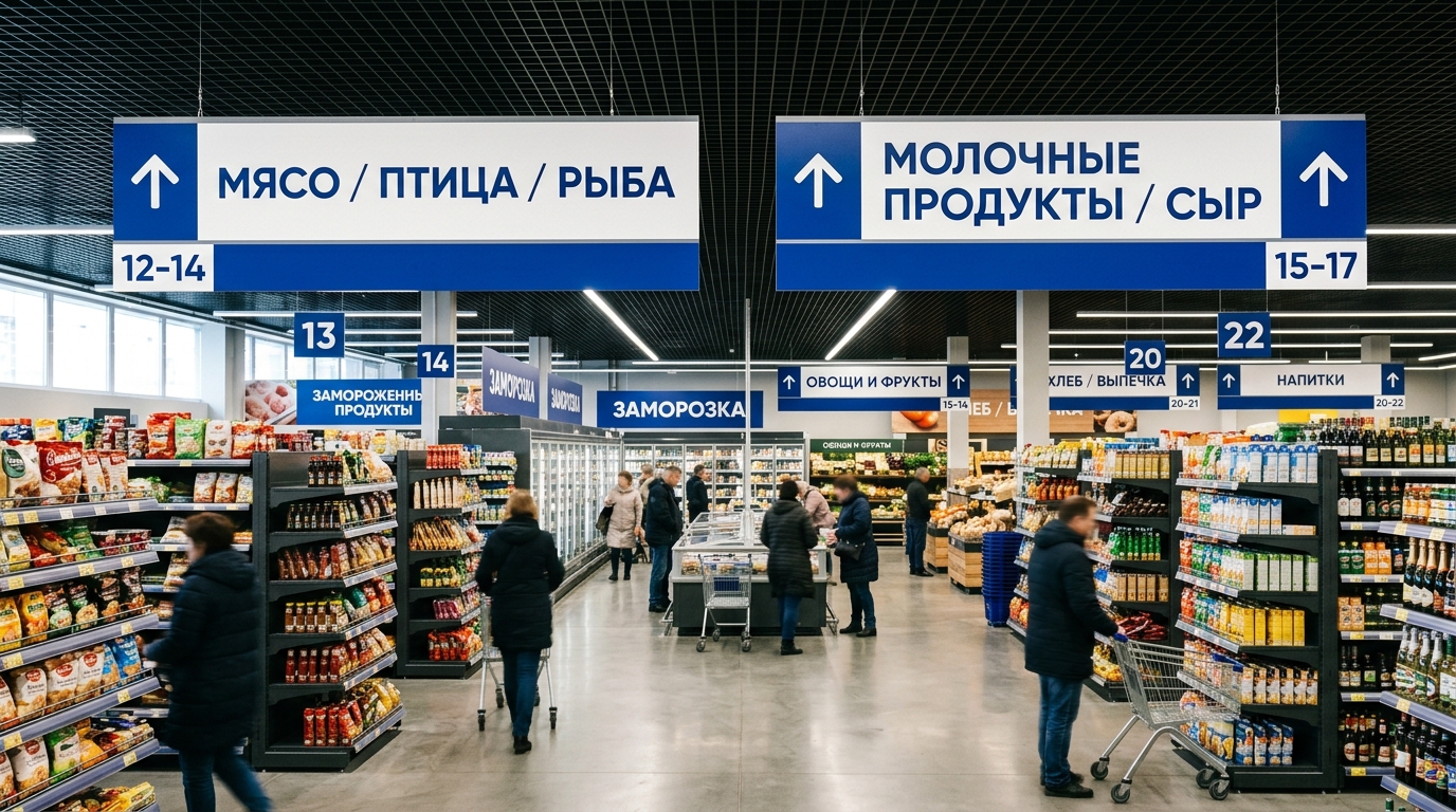 Навигация и подвесные указатели категорий над проходами в магазине