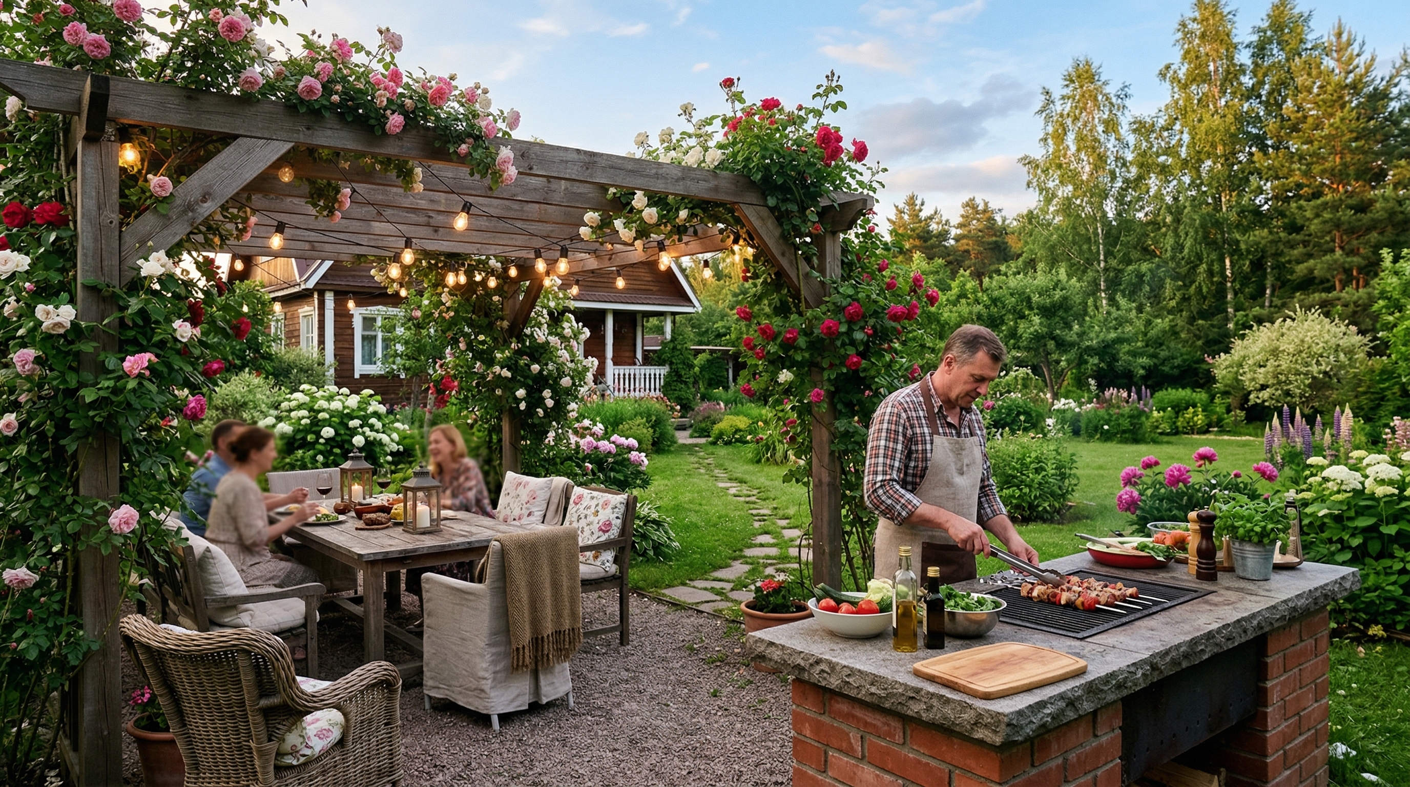 Уютная зона отдыха с перголой, мангалом и садовой мебелью
