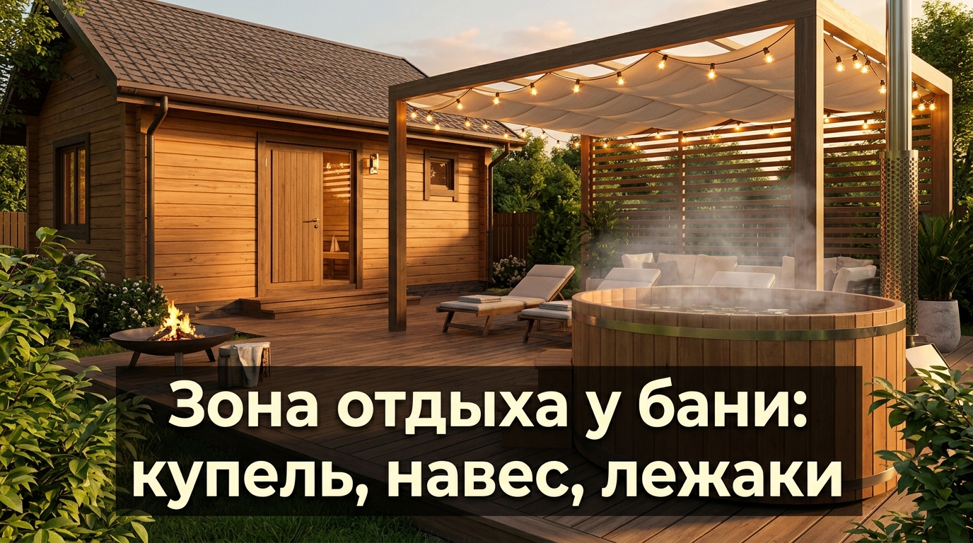 Зона отдыха у бани: купель, навес, лежаки