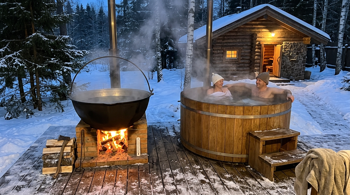 Купель и банный чан на дровах рядом с баней зимой