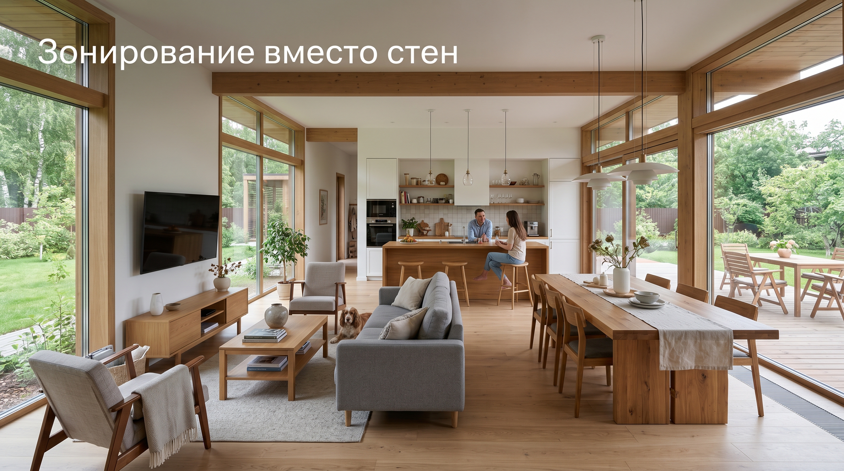 Открытая планировка первого этажа дома: кухня, столовая и гостиная в одном пространстве