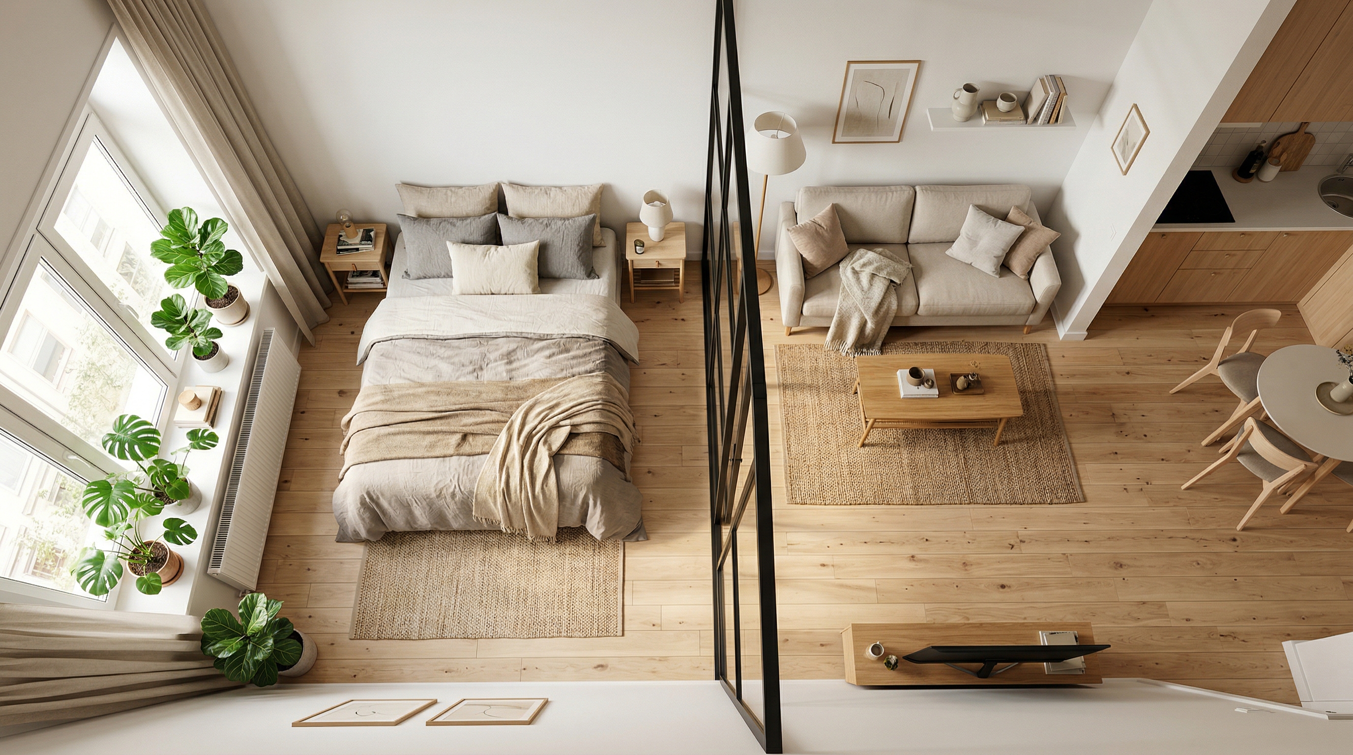 Зонирование маленькой квартиры стеклянной перегородкой — спальная и гостиная зоны