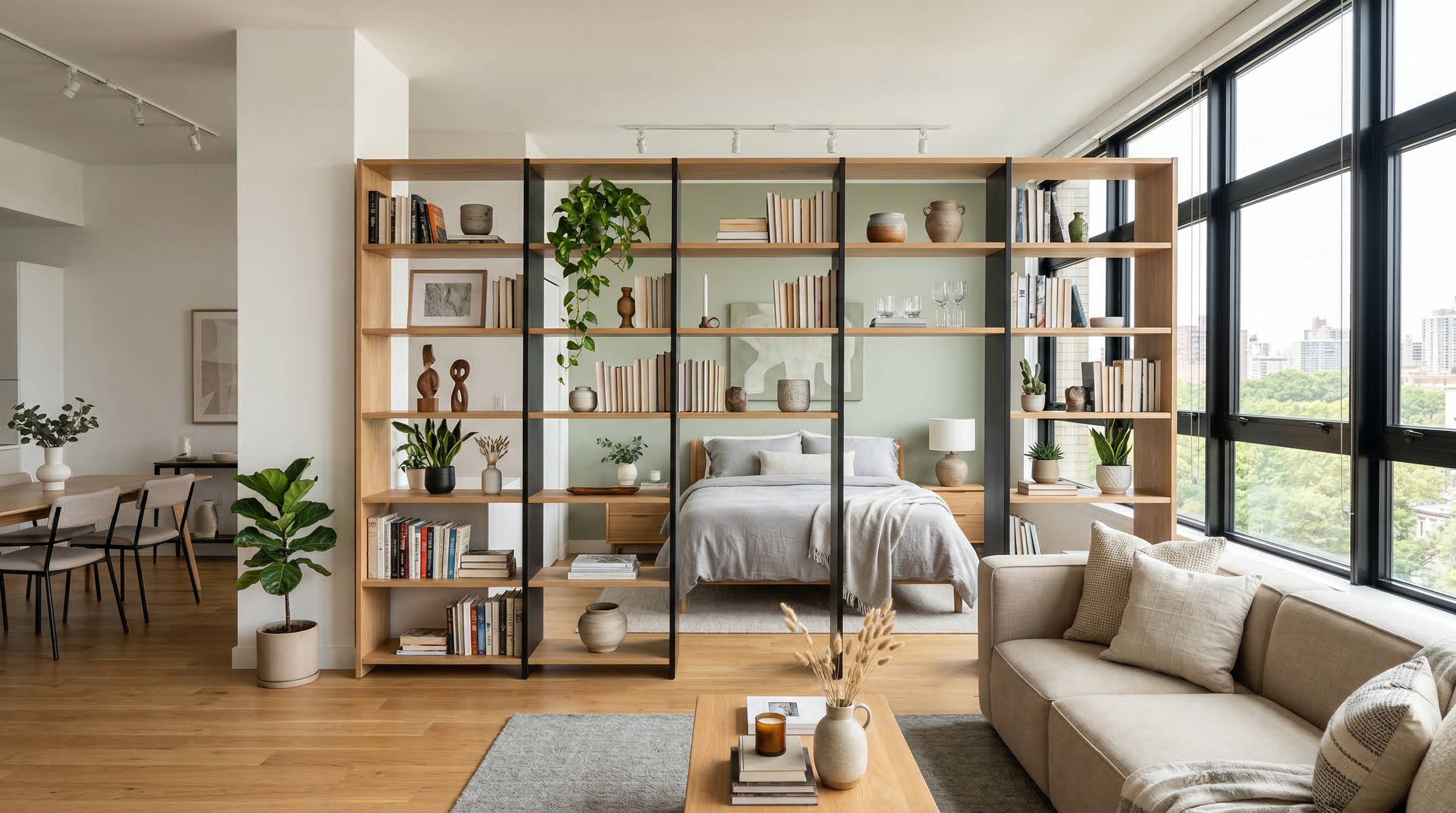 Стеллаж-перегородка и диван для разделения зон