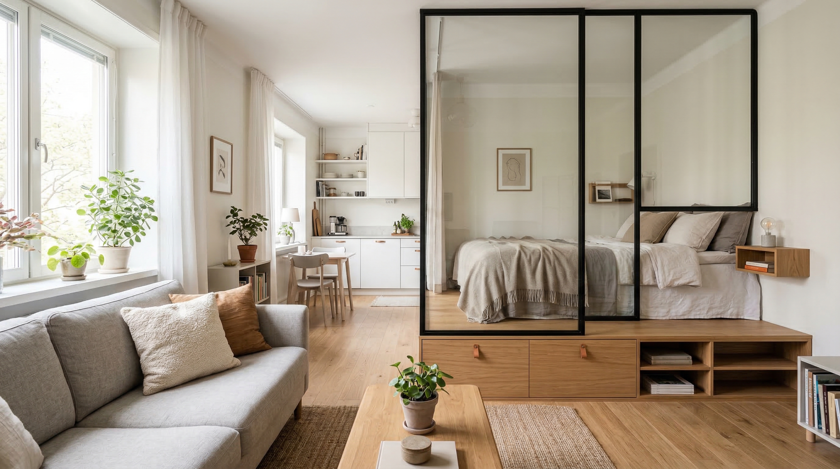 Зонирование однокомнатной квартиры — стеклянная перегородка и подиум с хранением