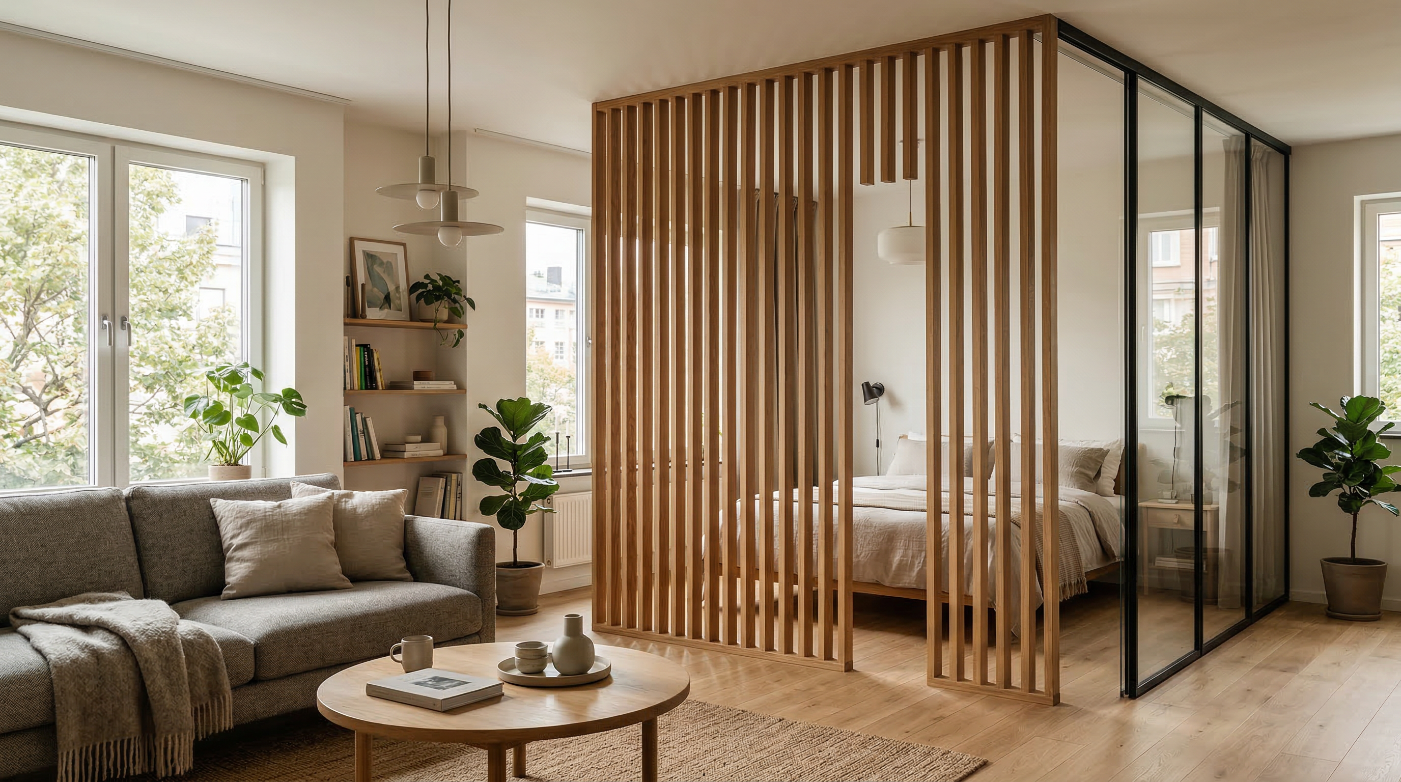 Реечная и стеклянная перегородки в современном интерьере