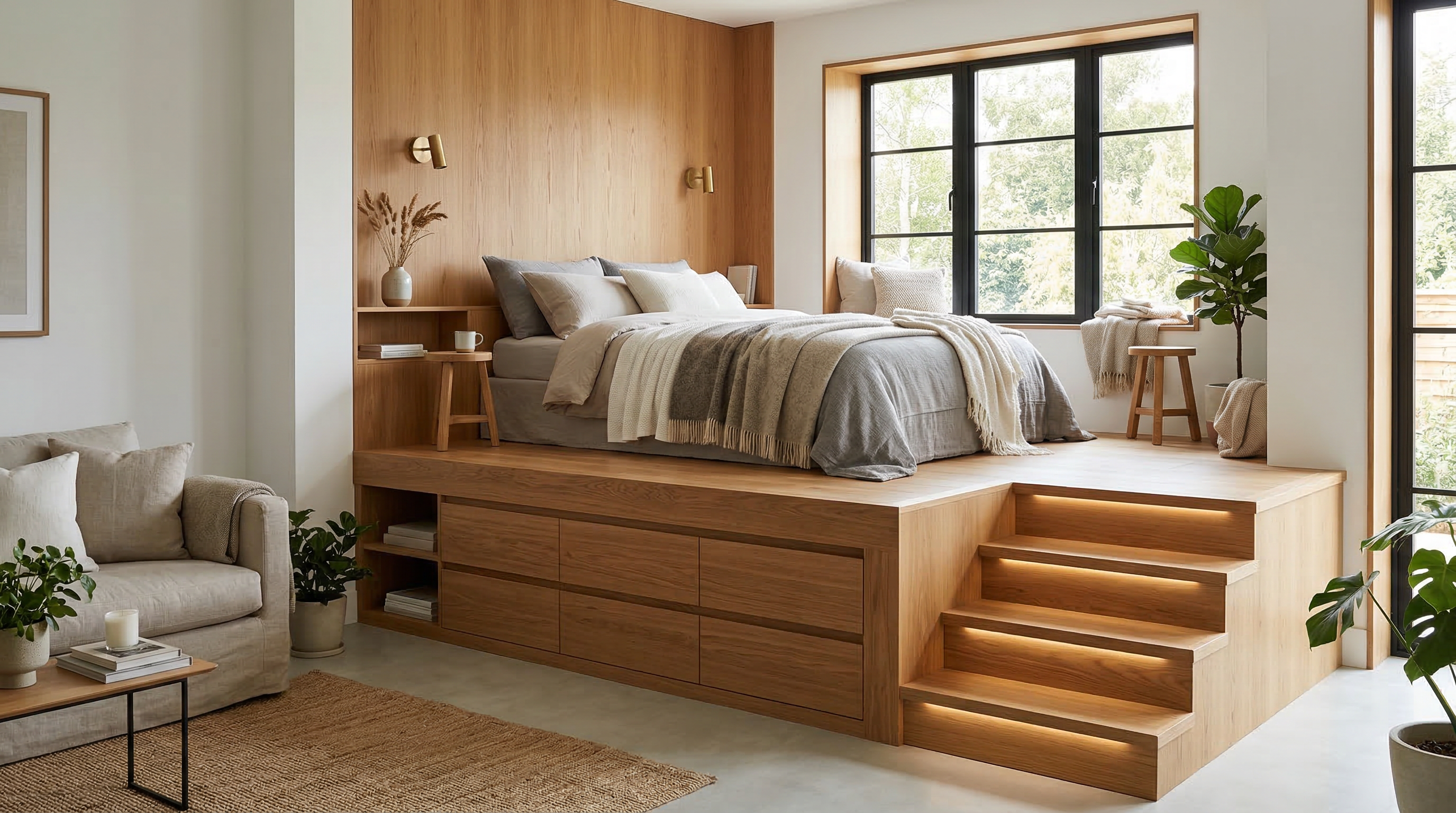 Спальная зона на подиуме с встроенными ящиками для хранения