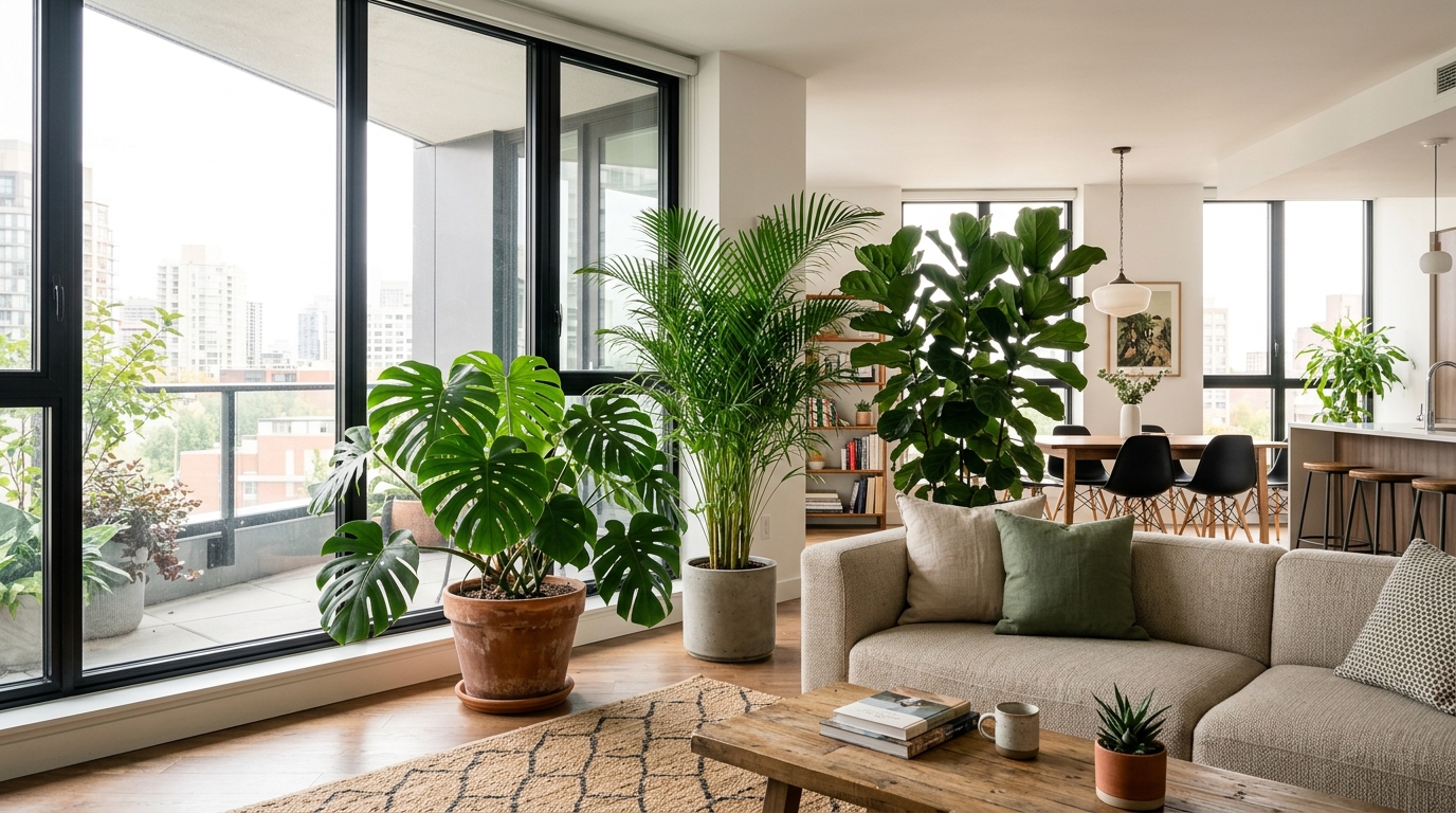 Зонирование гостиной с помощью крупных растений
