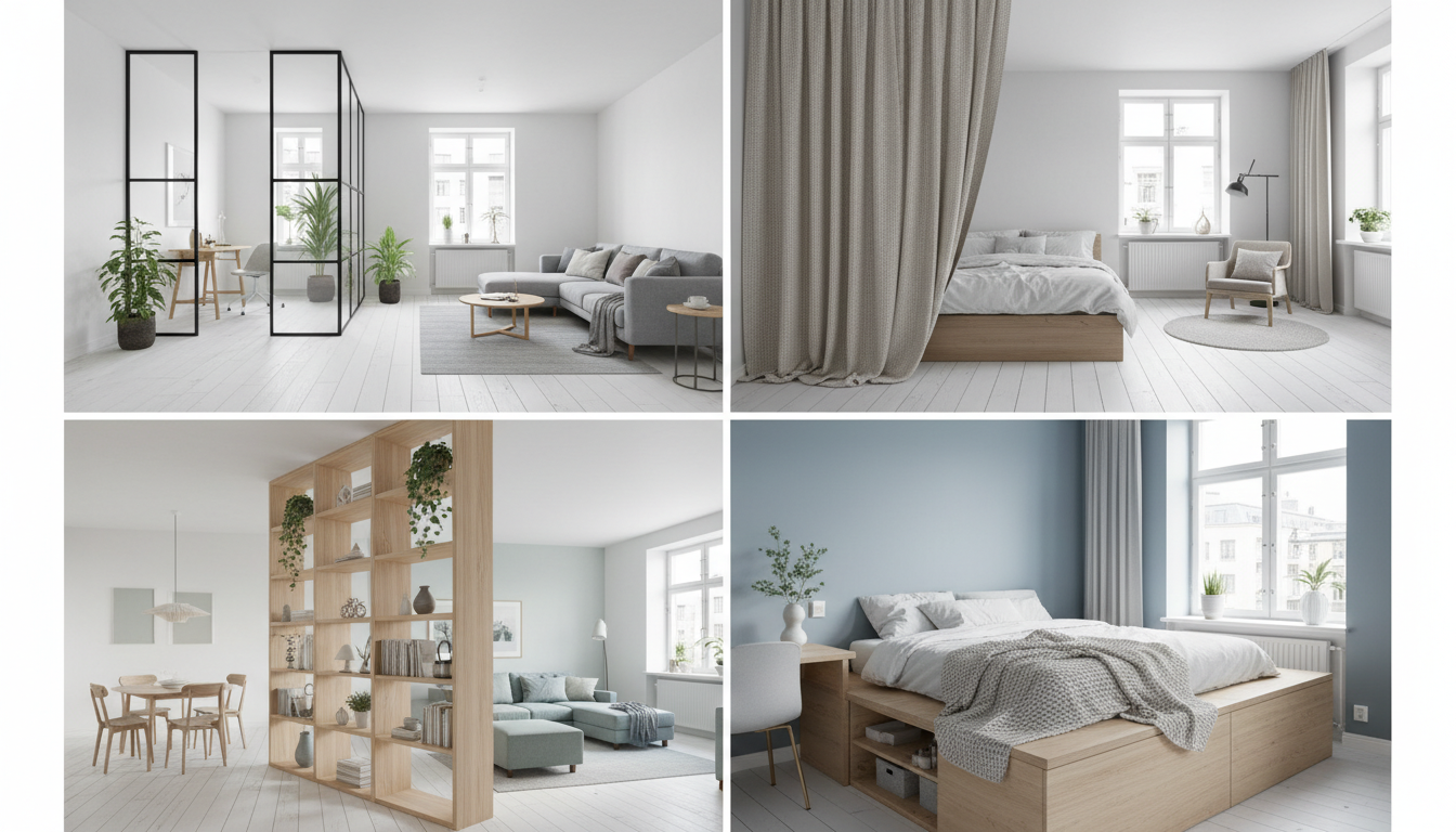 Четыре популярных способа зонирования: стеклянная перегородка, шторы, стеллаж, кровать-подиум